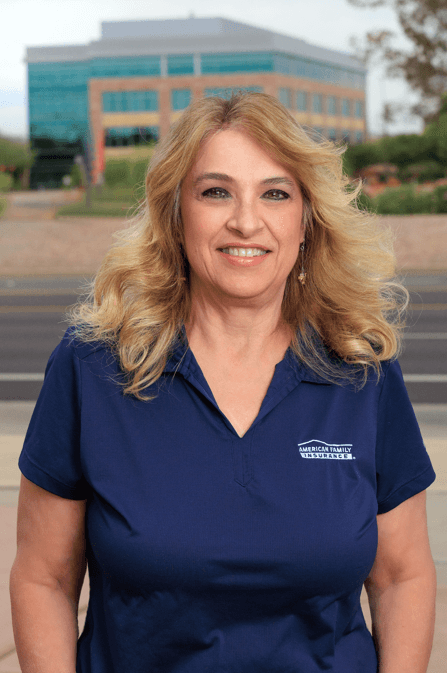 a woman in a blue shirt