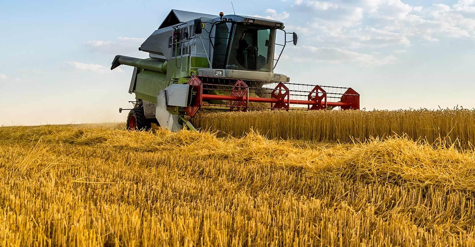 Image of a combine being operated on rented farm land.